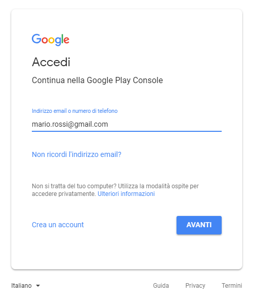 Accedi a Google Play Developer Console